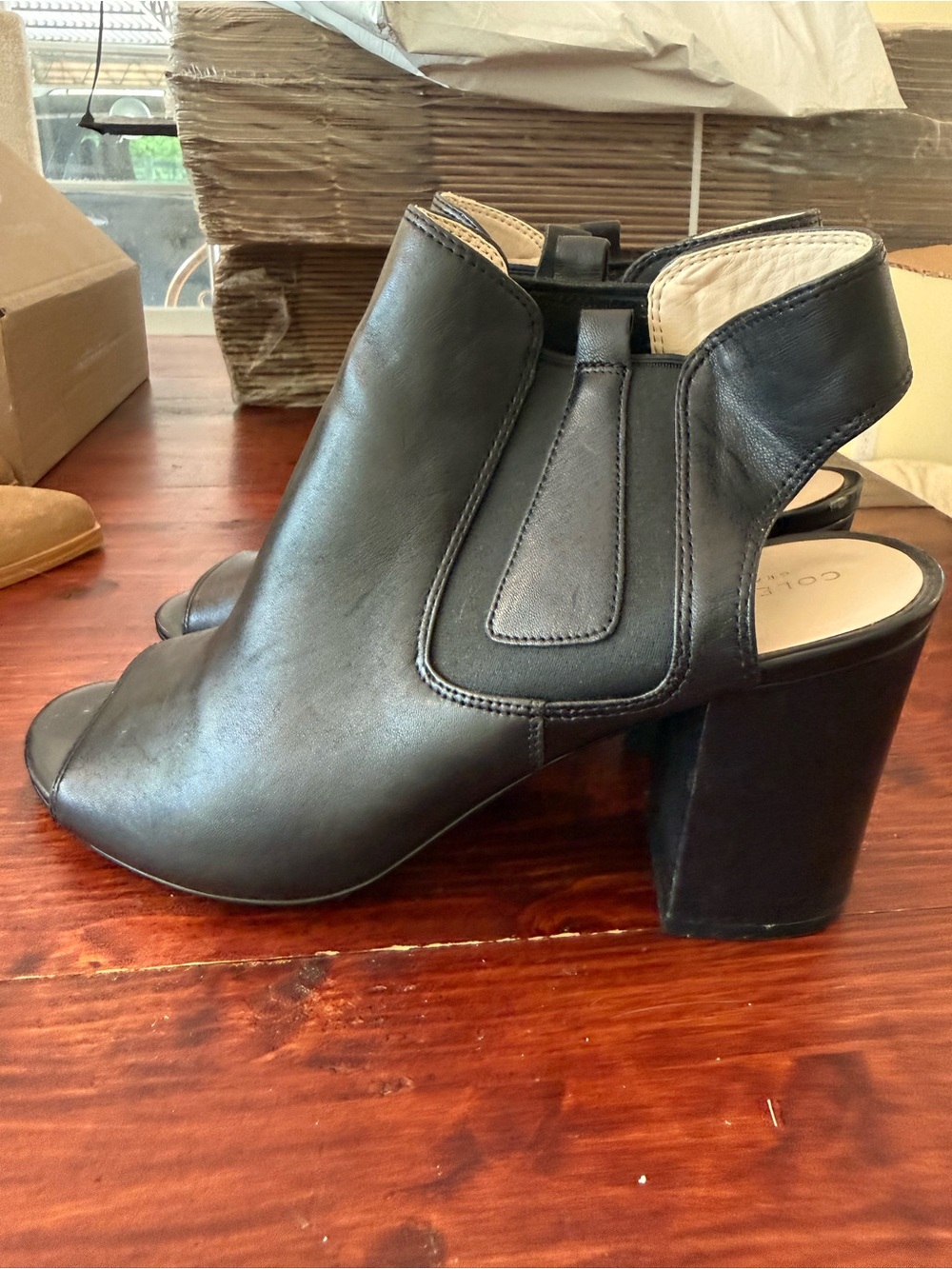 Cole Haan Basel shootie - black Leather peep toe block heel size 10
